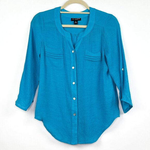 I.N. Studio | Teal Roll-Tab Sleeve Blouse Top | Pocket Detail | Size PS - Picture 2 of 9